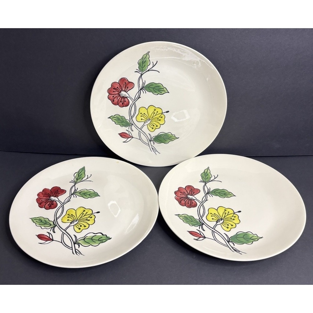 3 Blue Ridge Pottery Plates Red Yellow Floral Folk Art Design 9.5" Vintage MCM